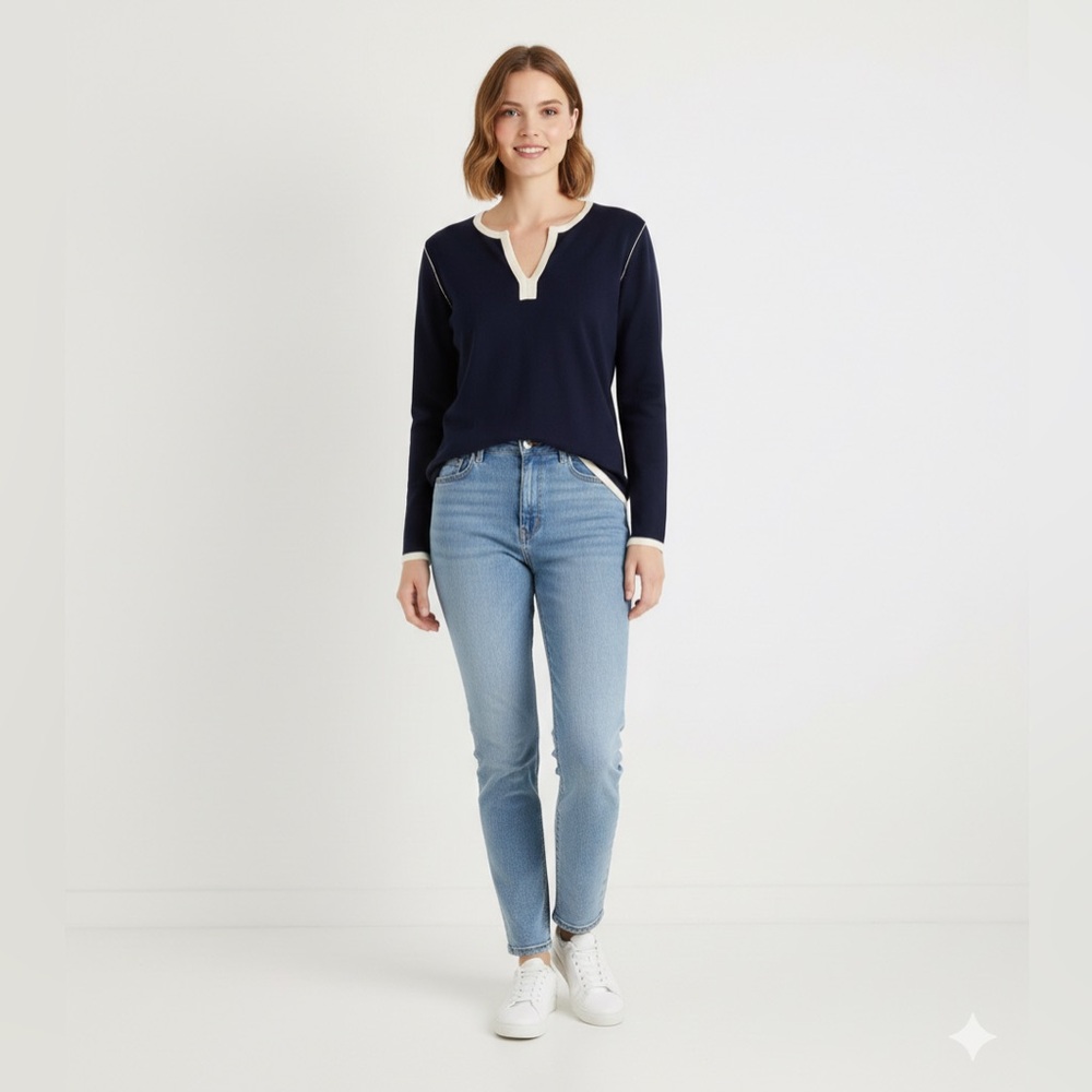 Emma James Navy Top with Cream Accents